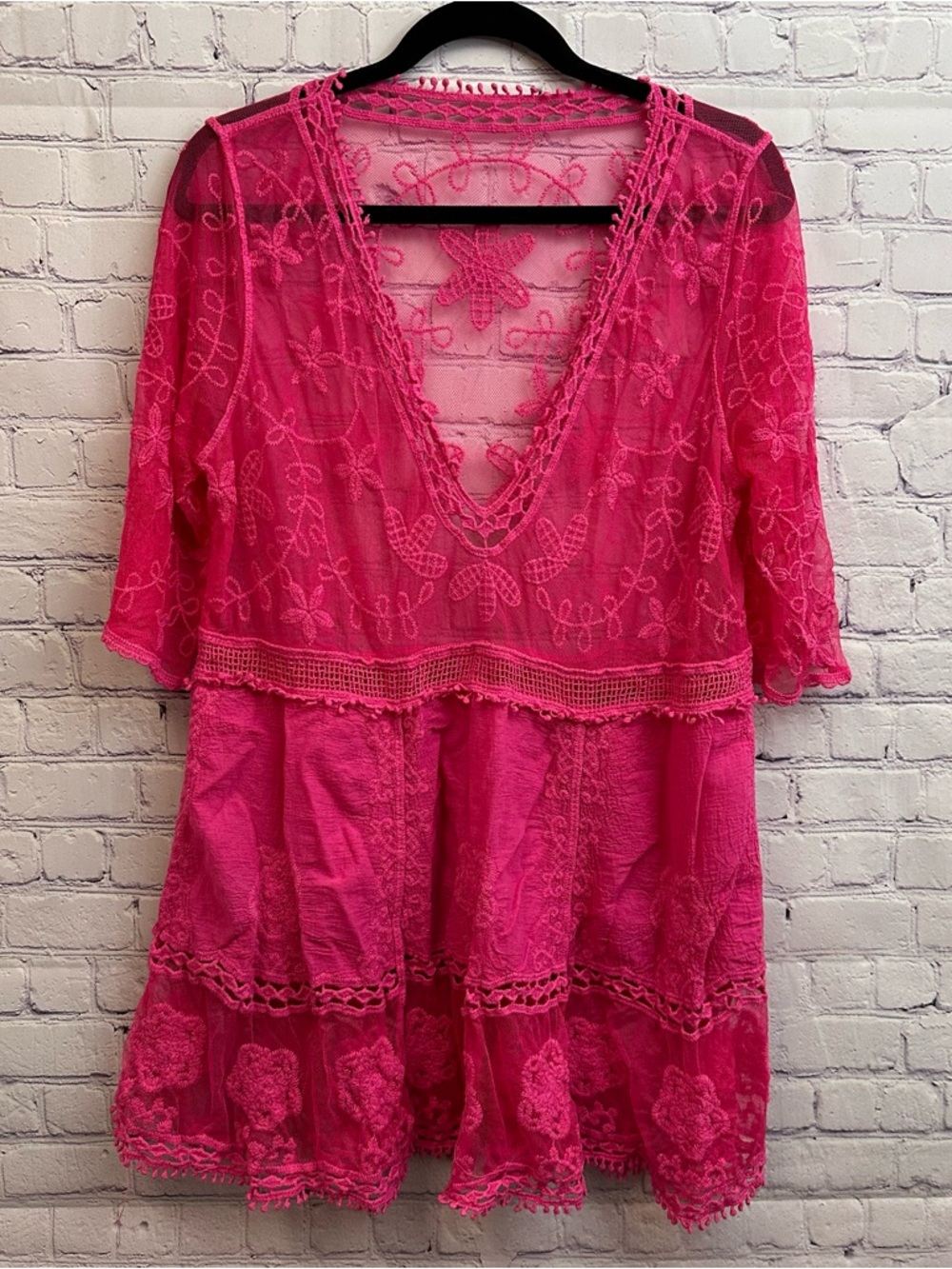 Women’s Sheer Lace V-Neck Swim Coverup Hot Pink Vacation Cruise One Size